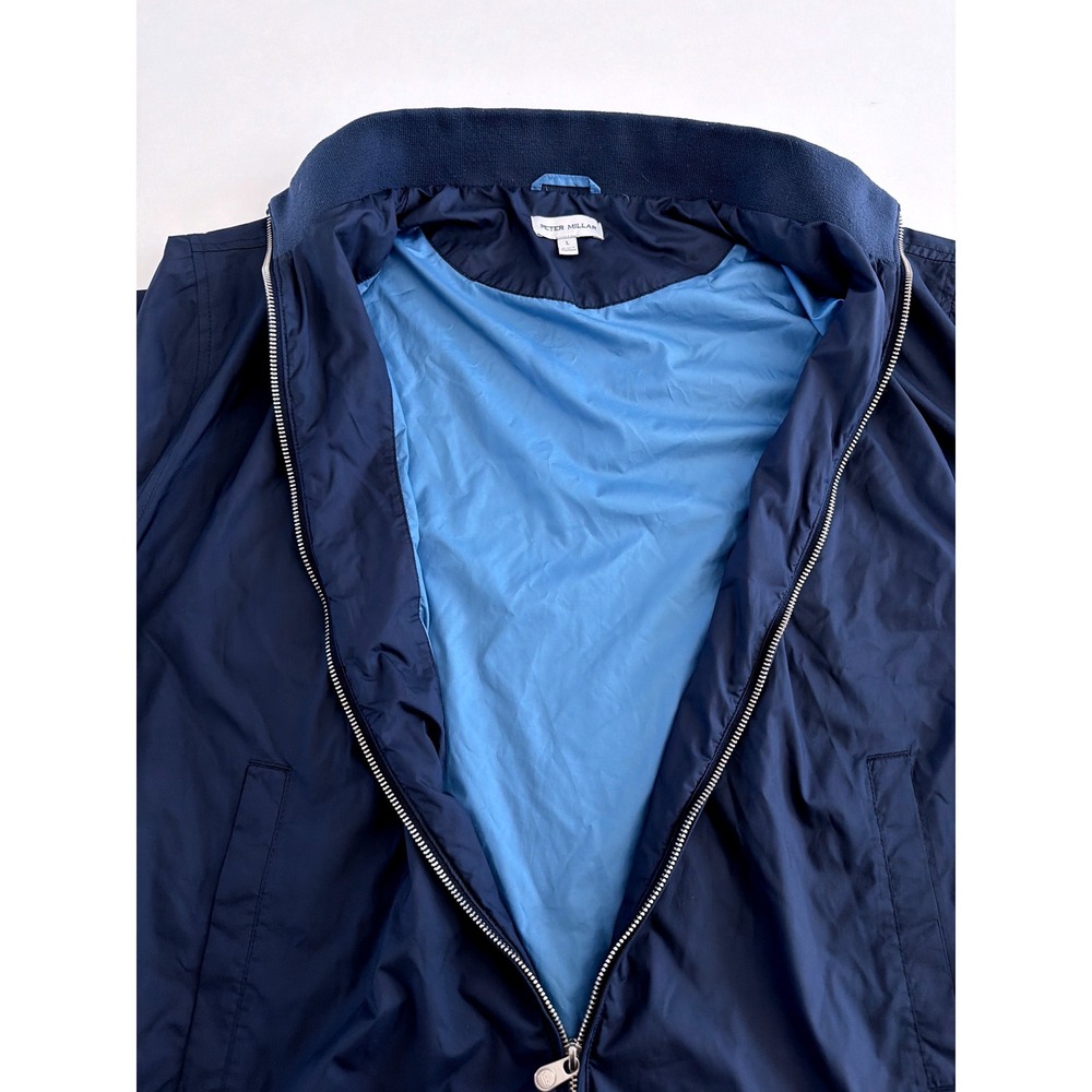 Peter Millar Mens Navy Blue Full Zip Windbreaker Jacket L Mock Neck Lightweight